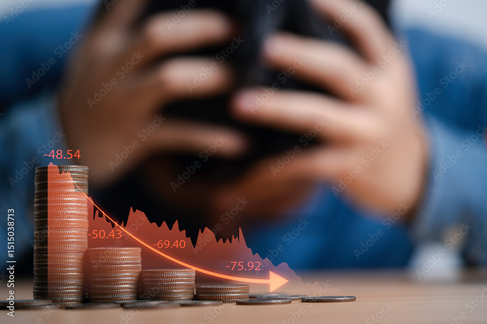 Φωτογραφία Businessman clutches his head due to stress from the great economic recession behind coins decreasing and red graph downturn concept