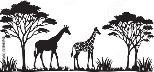 A tall, brown, spotted giraffe stands isolated in the wild safari nature, its long neck reaching towards a tree or silhouetted against the white