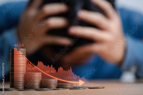 Businessman clutches his head due to stress from the great economic recession behind coins decreasing and red graph downturn concept.