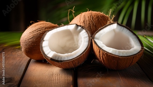 whole and halved coconuts resting on a rustic wooden table