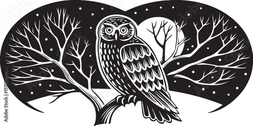 Barn owl with white feathers perched on a tree branch, featuring dark eyes and partially spread wings, perfect for a nature or wildlife illustration