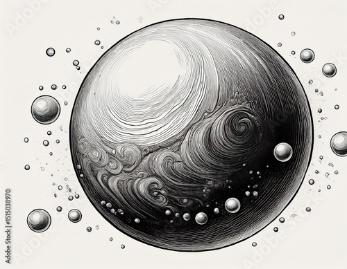artistic monochrome bubble with textured surface and floating smaller bubbles retro hand drawn illustration