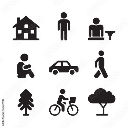 Public Facilities, Daily Life, and Transportation Vector Icons Set