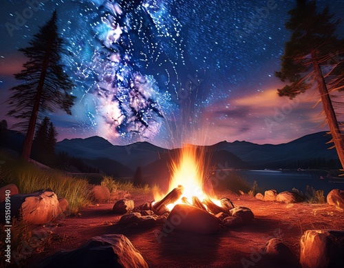 serene campfire scene under starry sky in natural landscape