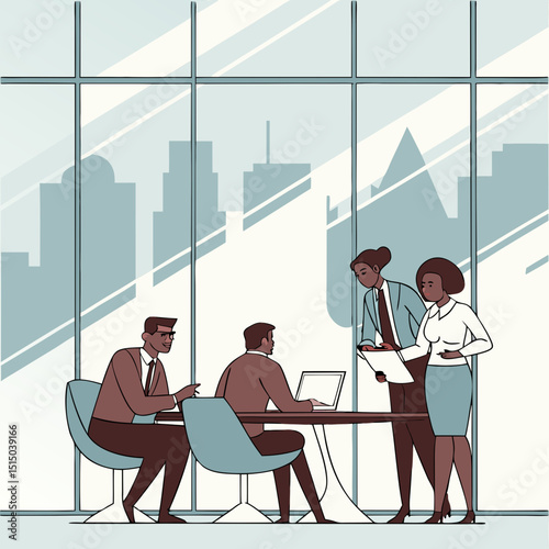 Business meeting in a modern office with a city view through large windows