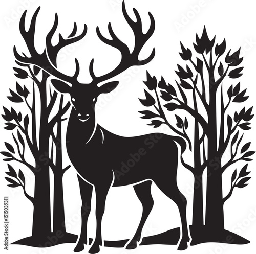 Forest stag silhouette in snow, a wild Christmas illustration of nature's majestic mammal