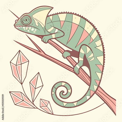 A stylized chameleon perched on a branch with geometric crystal formations nearby