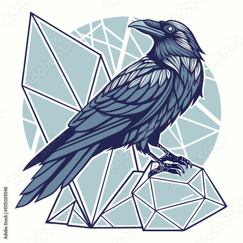 Illustration of a raven perched on a geometric crystal with geometric shapes behind