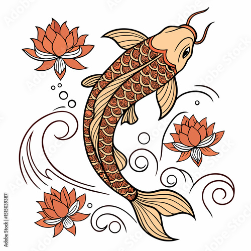 Illustration of a koi fish surrounded by lotus flowers and swirling water lines