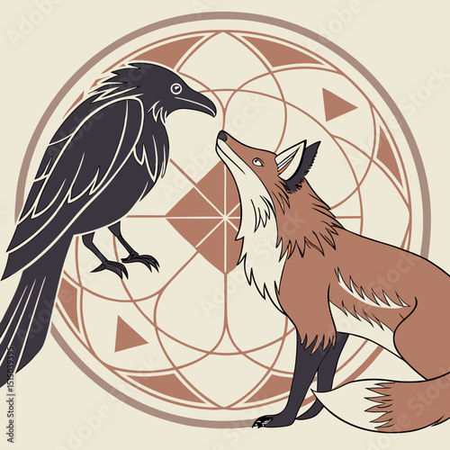 Illustration of a raven and a fox facing each other with geometric background