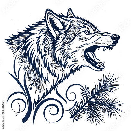 Illustration of an angry wolf head with floral elements in black and white art