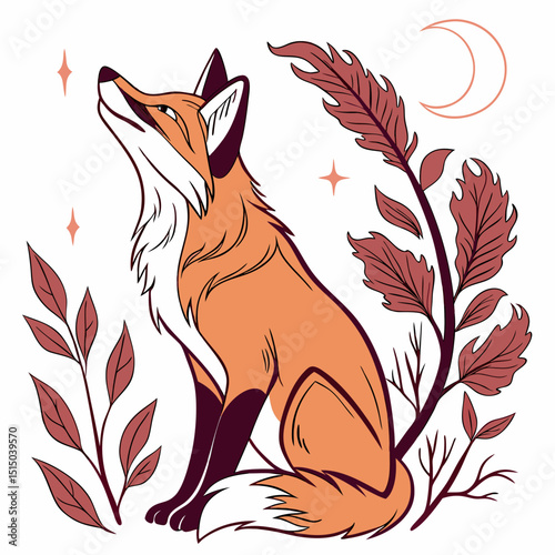 Fox sitting among leaves looking up at the moon and stars in a simple design