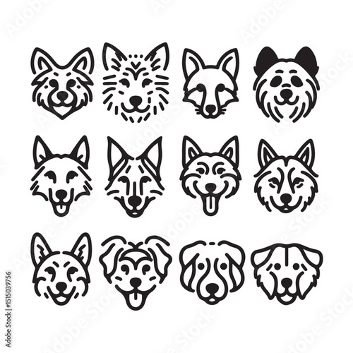 Cute Dog Breeds Head Faces Set Vector Line Art Icons