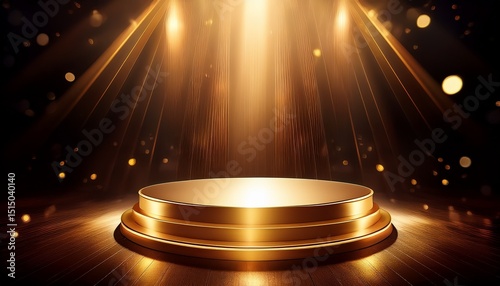 elegant golden podium stands on stage with soft beams of light shining down on it from above podium glow