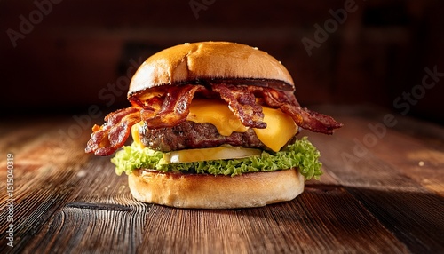 a delicious burger featuring layers of crispy bacon melted cheddar cheese and fresh lettuce sits on a rustic wooden table warm lighting creates an inviting atmosphere for a perfect meal