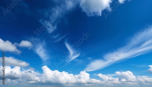 a serene sky with flowing white clouds against a bright blue background evoking a sense of calm and tranquility