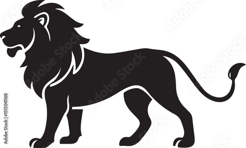 Lion Silhouette Standing with Mane Tail Up and Bold Posture Flat Vector Style