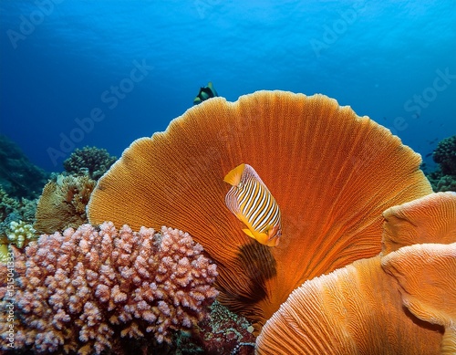 copperband butterfly fish swimming near bright orange coral marine life reef photo