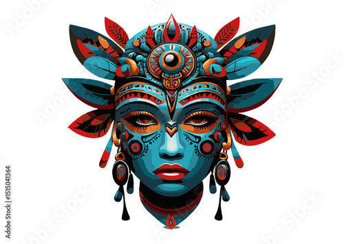 Vibrant Teal and Red Tribal Mask Illustration A Digital Artwork of Cultural Heritage