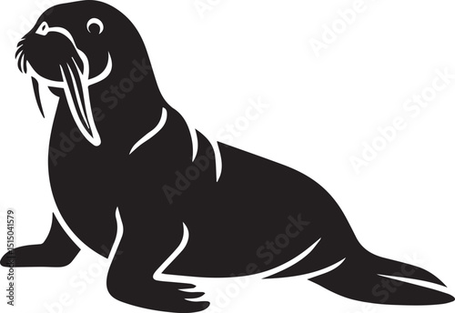 Walrus Silhouette Sitting with Tusks Rounded Body and Flippers Flat Vector