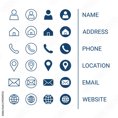 Minimalist Contact and information icon set for business card and template. Home, Location, Website, Email, Name & Phone Symbols in Flat, Outline & Solid Styles.