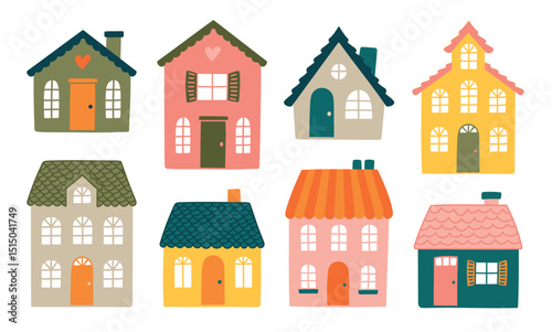 Collection of colorful cartoon houses, flat style with autumn colors. Vector illustration.eps