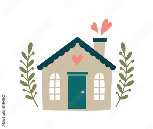 Cute little house and foliage. Vector illustration in flat style. Isolated elements.eps