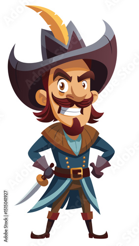 Cartoon illustration of a brave pirate character ready for adventure with sword and hat