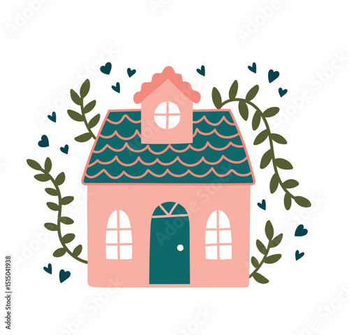 Cute little house with hearts and foliage. Vector illustration in flat style. Isolated elements.eps