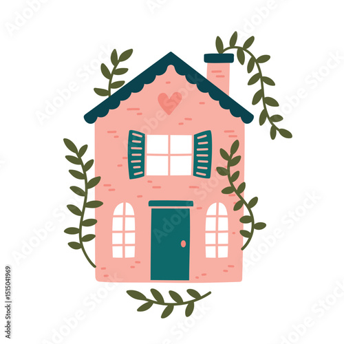 Cute old house, foliage wrapped around. Flat style, clipart. Vector illustration.eps