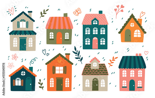 Cute little houses. Cartoon minimalistic and modern city houses and buildings. Vector illustration, isolated elements.eps