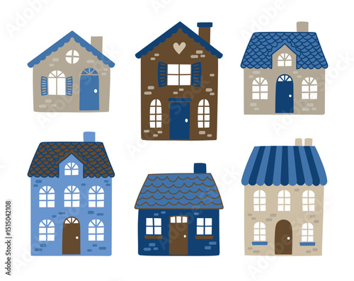 Set of cute houses in Scandinavian style, in blue and brown. Modern design. Hand drawn vector illustration..eps