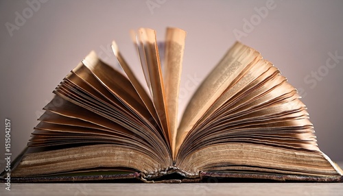 open book with weathered pages against a neutral background studio shot