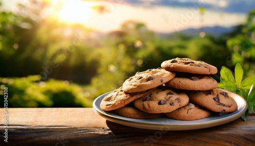 freshly baked chocolate chip cookies on a plate against a beautiful outdoor background
