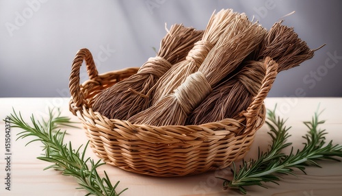 dried sweet grass braids in a woven basket with a few sprigs of fresh rosemary rosemary crafting