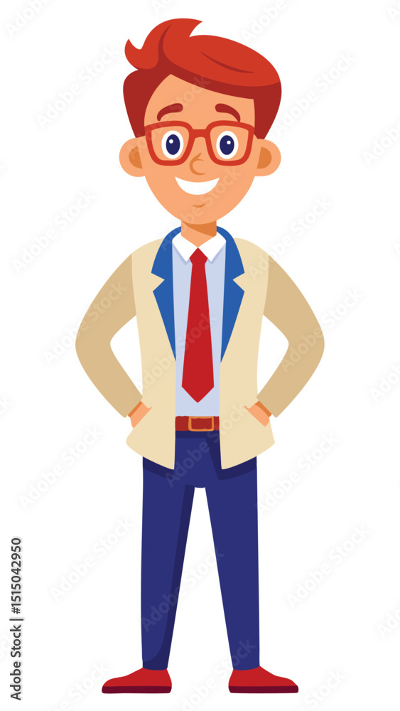 Cartoon illustration of a confident businessman with red hair and glasses in stylish outfit Cartoon illustration of a confident businessman with red hair and glasses in stylish outfit