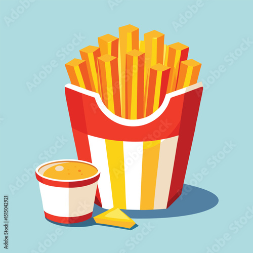 Cartoon illustration of a delicious serving of french fries with a side of dipping sauce