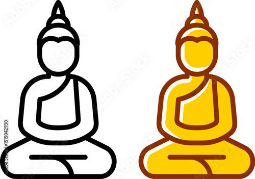 Thai Buddha statue icon, Southeast Asian Theravada Buddhism style. Golden color and black and white line art. Simple flat vector symbol.