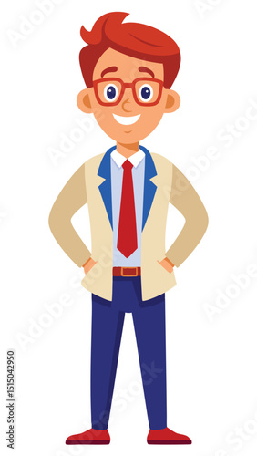 Cartoon illustration of a confident businessman with red hair and glasses in stylish outfit