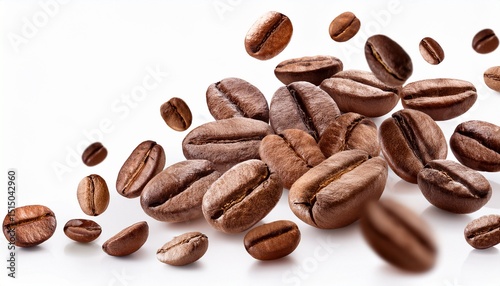 falling coffee beans on white background
