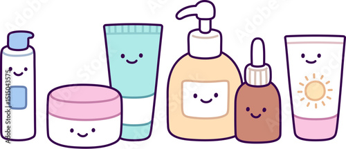 Cute cartoon skincare doodle set. Tubs and bottles with funny kawaii faces, asian beauty products drawing. Hand drawn vector illustration.