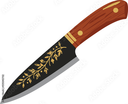 Knife with a dark blade and a wooden handle adorned with a decorative gold leaf design