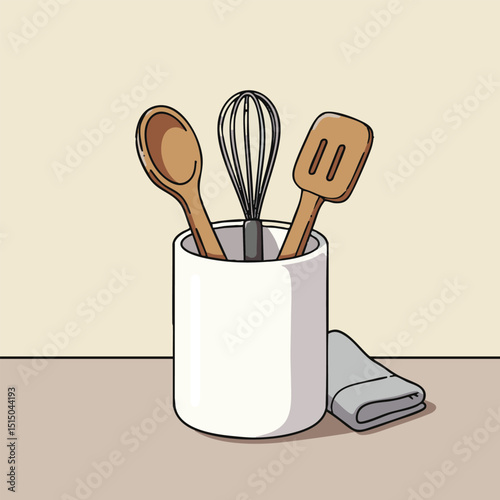 Kitchen utensils in a white container next to a folded gray cloth on a tan surface