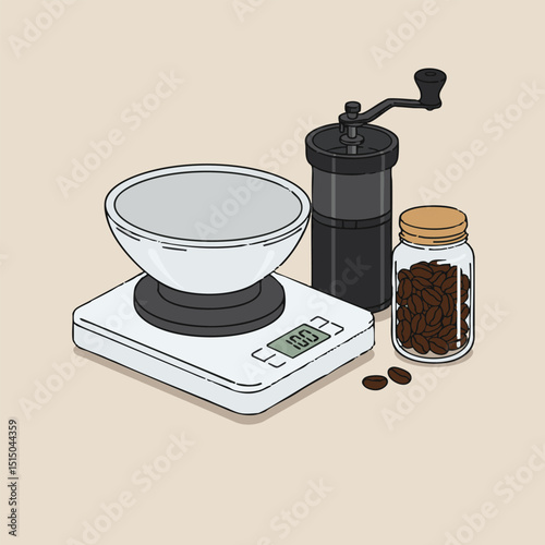 A still life of coffee brewing tools scale grinder beans and a bowl