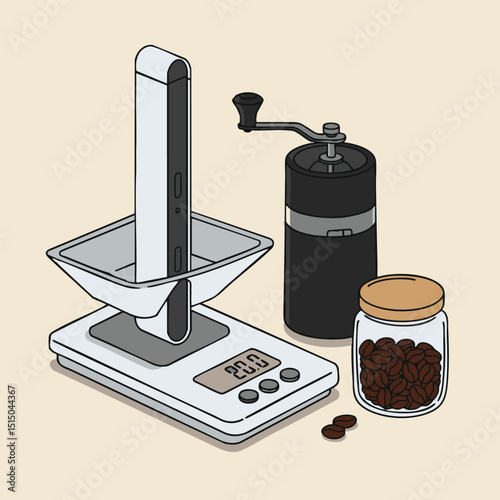 A digital scale with a pourover coffee maker atop beside a manual grinder and a jar of coffee beans