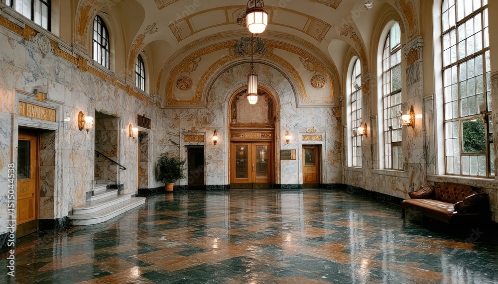Fototapeta premium Grand marble lobby with arched windows