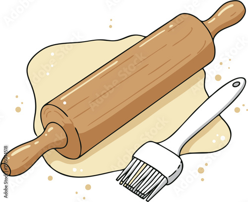 Rolling pin sits on dough near a pastry brush all are outlined in black on a white background small dots surround them