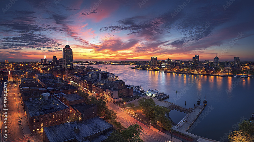 Fototapeta premium stunning panoramic view of city skyline sunset, showcasing vibrant colors reflecting water