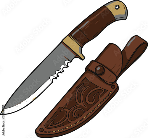 Depicts a hunting knife with a brown handle and a leather sheath with decorative patterns