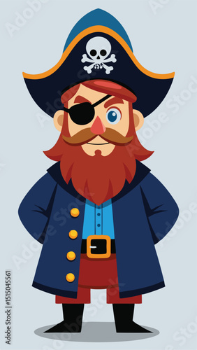 Cartoon illustration of a friendly pirate with a red beard and a traditional hat